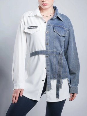 Біла сорочка жіноча комбінована з джинс 21133 фото